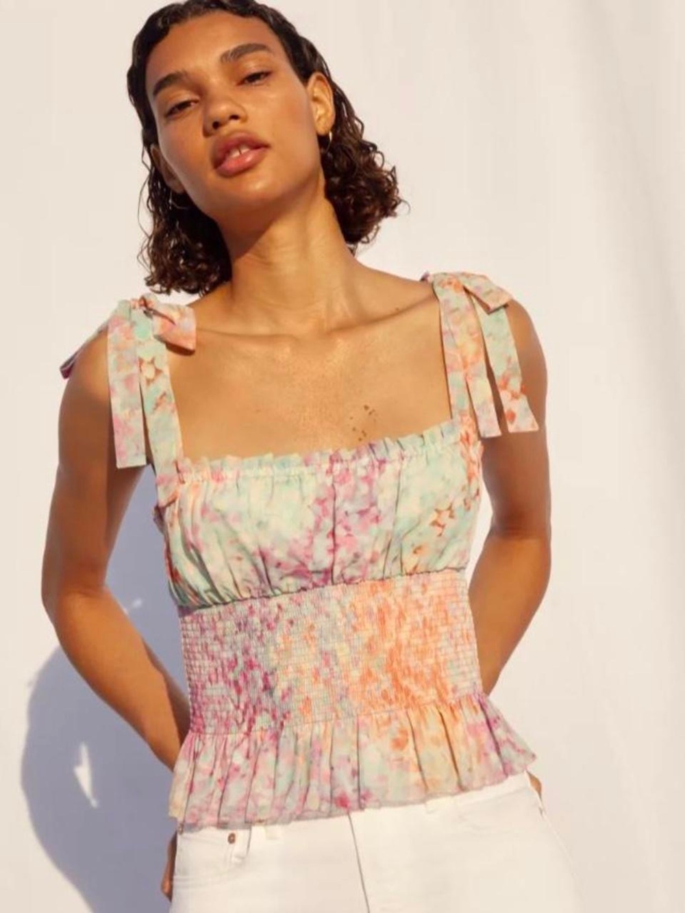 Aritzia Wilfred Multicolored Ballad Smocked Top w/ Adjustable Tie Straps